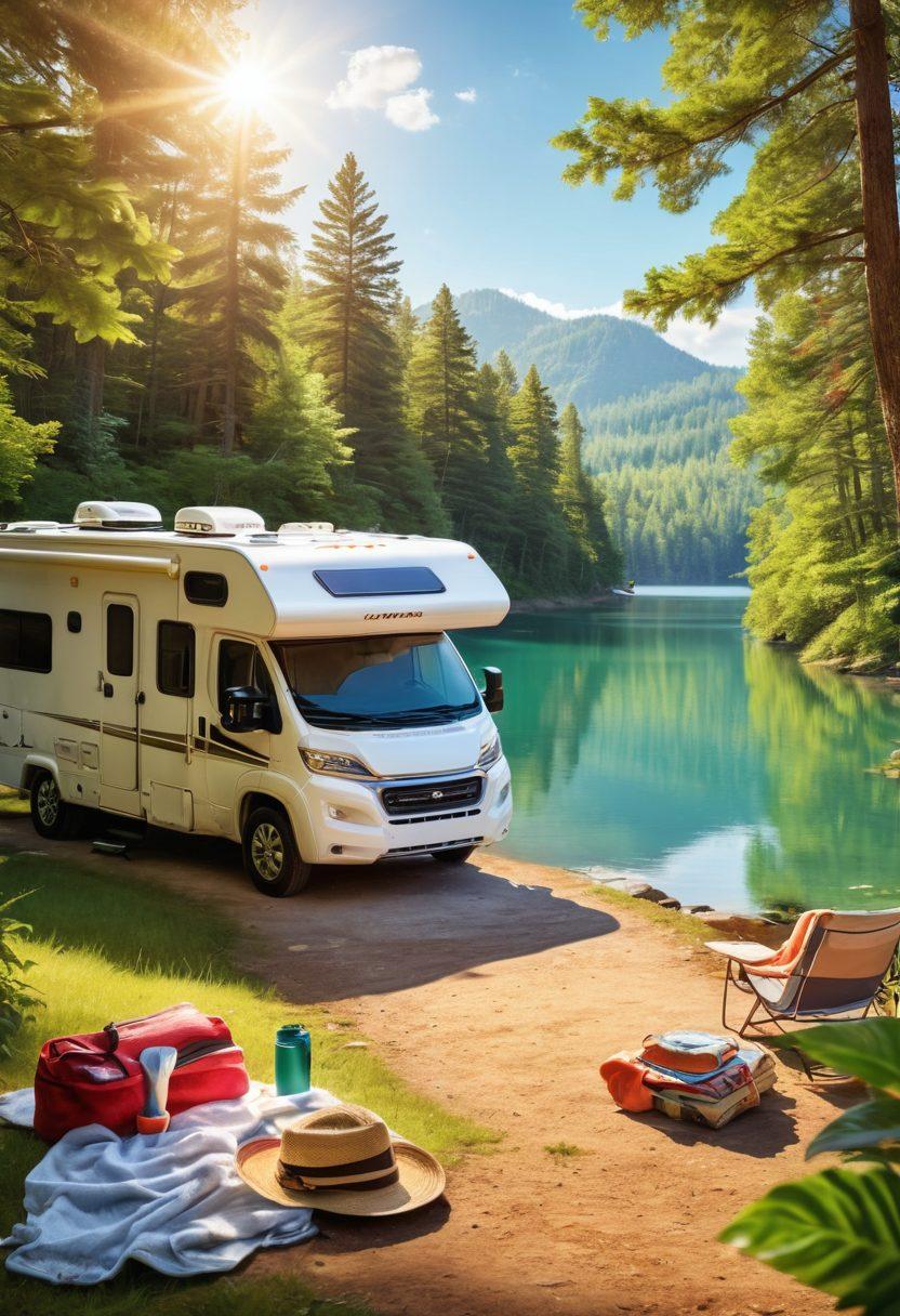 A lively outdoor scene featuring an RV parked under a bright sun, with adventurers applying sunblock while surrounded by lush green forests and a shimmering lake in the background. Include sun protection essentials like hats, sunglasses, and towels. Illustrate a sense of adventure and relaxation. vibrant colors. super-realistic.