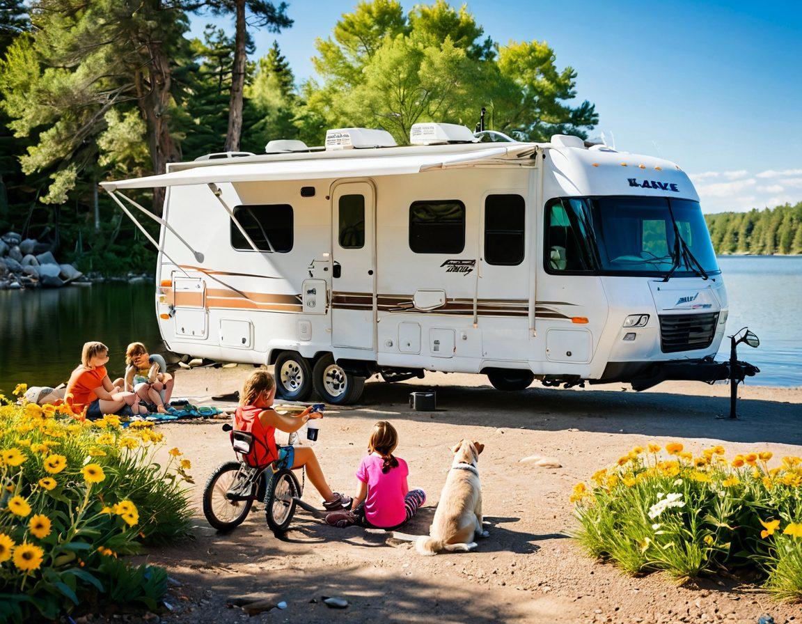 A sun-drenched RV parked by a serene lake, with a family applying sunscreen on their faces while enjoying the outdoors. Surround the scene with blooming flowers, a radiant sun in the sky, and a playful dog by their side. Include sunscreen bottles scattered around and adventure gear like bikes and kayaks. Capture the feeling of adventure and care for skin. vibrant colors. super-realistic. natural setting.