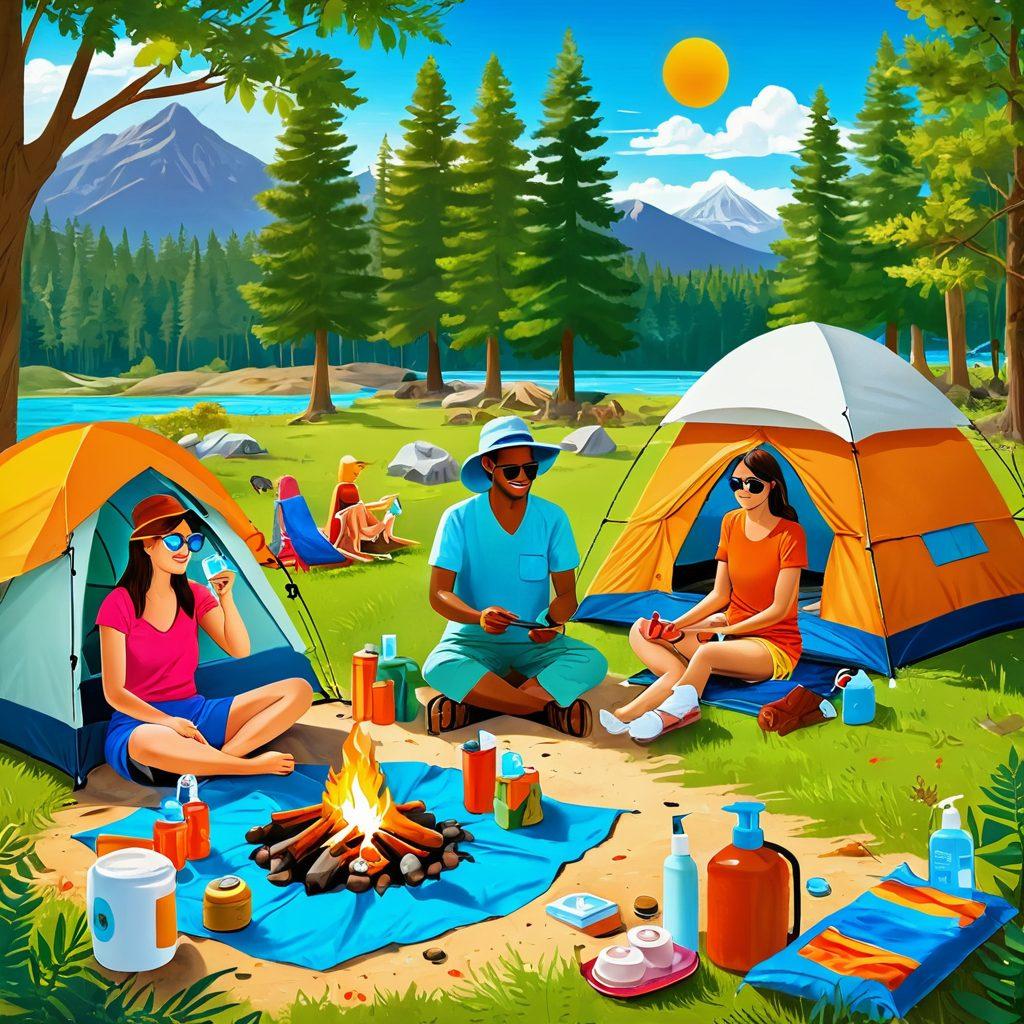 A serene campsite under a bright sun, showcasing diverse travelers applying sunscreen while enjoying nature. Highlight different skincare products scattered around, like sunblock and after-sun lotion, alongside a cozy tent and a vibrant campfire. Include happy faces, protective hats, and sunglasses, surrounded by lush greenery and clear blue skies. vibrant colors. illustration.